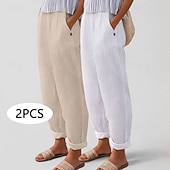 Χαμηλού Κόστους Κάτω-Πολυσυσκευασίες 2 τεμαχίων γυναικείο παντελόνι 100% βαμβάκι καλοκαιρινό παντελόνι casual παντελόνι διακοπών βασικό ψηλόμεσο απλό τσέπη άνεση μαλακό αναπνεύσιμο ανελαστικό casual καθημερινό αθλητικό λευκό+πράσινο λευκό+χακί