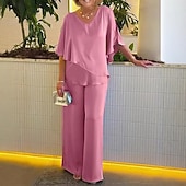 abordables Ensembles chemisiers pour femmes-Femmes Chemisier Pantalons à Jambes Larges Manche 3/4 Col en V Uni A Volants Mode Streetwear Quotidien Occasionnel Quotidien Rose Claire Violet Kaki Printemps &amp; Automne Coupe régulière