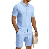 baratos Camisa Algodão Linho-Homens Camisa de linho 2 Peças Conjunto de camisa E Bermuda Cargo Calção Shorts de linho Definir Tecido Diário Ao ar livre Férias Aberto para a Lateral Manga Curta Verão Moda Casual Confortável Roupa