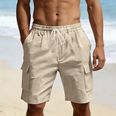 cheap Holiday-Men's Cotton Linen Shorts Shorts Summer Shorts Beach Shorts Drawstring Pocket Elastic Waist Plain Comfort Breathable Knee Length Outdoor Beach Vacation Vacation Fashion Black White Inelastic