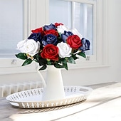 abordables Fleurs artificielles-Bouquet de 15 fleurs artificielles en soie, style patriotique, avec de longues tiges, idéal pour la décoration de la maison ou comme centre de table pour la fête nationale américaine (4 juillet).
