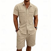economico Camicie di lino-Per uomo Camicia di lino Due pezzi Set Camicia E Shorts Shorts di Lino Shorts da Spiaggia Impostare Semplice Quotidiano All'aperto Vacanza Collo ripiegato Manica Corta Estate Moda Casual Confortevole