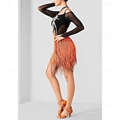 cheap Competition Dress-Women's Latin Dancewear - Black &amp; Orange Rhinestone Mesh Long Sleeve Bodysuit with Rhythmic Tassel Hem for Performance
