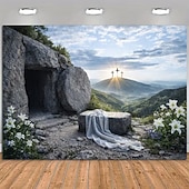 tanie Gobeliny ścienne-Wielkanocne zmartwychwstanie, pusty grób Jezusa, zmartwychwstał, trzy krzyże, kamień odsunięty, Golgota, święte światło, brama garażowa, baner, gobelin, tło zewnętrzne do kościoła, wystrój domu i