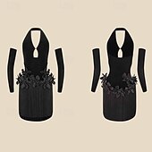 cheap Competition Dress-Junior Latin Dance Costume - Black Fringe Dress with Halter Neck, 3D Flowers &amp; Mesh Sleeves for Performance