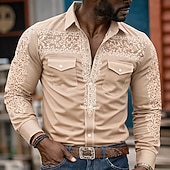 preiswerte Westernhemden für Herren-Herren Kuhmuster Ethnisch Komplizierte Blumen Hemd Westernhemd Cowboy-Shirt Langarm Vintage-Retro Lässig Outdoor Arbeitskleidung Frühling Herbst Umlegekragen Zwei Fronttaschen Leinenähnliches Hemd