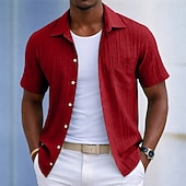 voordelige Men's Button Up Shirts-Men's Shirt Casual Shirt Beach Shirt Button Up Shirt Jacquard Shirt Black White Light Green Wine Blue Short Sleeve Solid Color Plain Lines / Waves Lapel Casual Streetwear Pocket Clothing Apparel