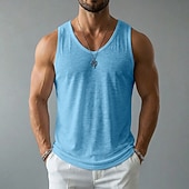 billige Treningsskjorter uten armer-Herre Linne Tank Top Ermeløs skjorte Wifebeater skjorte Ermeløs Crew-hals V-hals Sommer Vår Alle årstider عادي Mote Grunnleggende Bohemsk Tynn Myk Ren Avslappet Strand Feriereise Blå Svart Hvit Topp