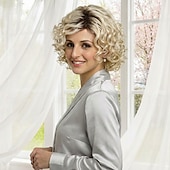 cheap Older Wigs-Elegant Curly Bob Synthetic Wig for Women - Platinum Blonde with Soft Curls and Natural Volume