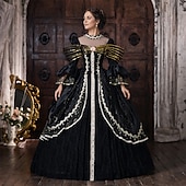 baratos Vestidos-Rococó Barroco Vestido de Baile Longo Vestidos Vestido de Baile Manga Comprida Princesa Casamento Cordões Floral De Baile Decote Quadrado Fantasia Mulheres Real Dia Das Bruxas Carnaval Baile de