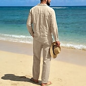 abordables Chemises lin et coton-Homme Chemise en lin Deux pièces Ensemble Chemise Et Pantalons en Lin Pantalons Pantalon décontracté Set Uni Quotidien Extérieur Plage Col Rabattu manche longue Été Printemps Mode Occasionnel