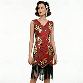 voordelige Outfits-Roaring jaren '20 Jaren 1920 Retro vintage Tot de knie Flapper jurk Handschoenen Ketting Mouwloos The Great Gatsby Charleston Pailletten V-hals Kostuum Dames Halloween Carnaval Feesten &amp; Uitgaan