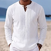 olcso Vakáció-Férfi Ing Vászon ing Nyári póló Stranding Tömör szín Hétköznapi Vakáció Medence Fekete Fehér Khakizöld Hosszú ujj Mandarin gallér Nyár Tavasz Ruházat Fodrozott