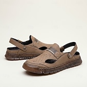 billiga Avslappnade sandaler-Men's Brown Faux Leather Adjustable Strap Mules Summer Casual Slip-On Shoes for Outdoor, Vacation and Daily Wear