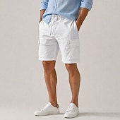 abordables Classique-Short cargo en lin pour homme – longueur genou, taille élastique avec cordon de serrage, multipoches, confortable &amp;respirant, décontracté, extérieur &amp;vacances à la plage, noir &amp; blanc
