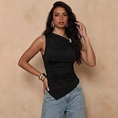 cheap Plain Tops-Women's Elegant Graphic Plain Elegant Sleeveless Asymmetrical Regular Tops Casual Daily Weekend Black Spring