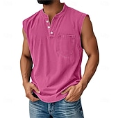 halpa Hihattomat treenipaidat-miesten vintage-toppi, 100 % puuvillaa, happamalla pesty liivi, aluspaita, hihaton paita, hihaton henley-paita, kesäinen yksivärinen muotisuunnittelijan perus taskunapit, lomakatu, musta t-paita miehille