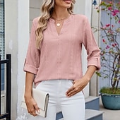 cheap Plain tee-Women's Texture Blouse Eyelet Top Pointelle Tee T Shirt Eyelet Striped Fashion Classic Casual Long Sleeve V Neck Regular Tops Casual Daily Beach Black White Navy Blue Sky Blue Orange Summer Spring