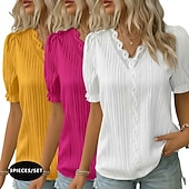 ieftine tricou simplu-pachete multiple 3 buc bluză texturată pentru femei tricou top dantelă patchwork simplu modă elegant clasic mânecă scurtă decolteu în V topuri obișnuite casual zilnic plajă alb+fucsia+galben