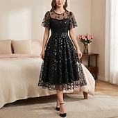 cheap Dresses-1950s Retro Vintage Midi Dress Swing Dress Flare Dress Short Sleeves Embroidered Leaf Fit &amp; Flare Swing Round Neck Fancy Dress Women's Casual Evening Party Tea Party Adults' Dress Spring &amp; Summer