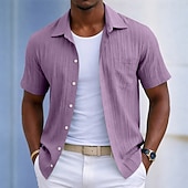 voordelige Men's Button Up Shirts-Men's Shirt Casual Shirt Beach Shirt Button Up Shirt Jacquard Shirt Black White Light Green Wine Blue Short Sleeve Solid Color Plain Lines / Waves Lapel Casual Streetwear Pocket Clothing Apparel