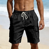 cheap Holiday-Men's Cotton Linen Shorts Shorts Summer Shorts Beach Shorts Drawstring Pocket Elastic Waist Plain Comfort Breathable Knee Length Outdoor Beach Vacation Vacation Fashion Black White Inelastic