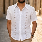 voordelige Etnisch patroon-Voor heren Geometrisch Etnisch Bloemen Overhemd Guayabera-shirt Overhemd met knopen Korte mouw Vintage Retro Dagelijks Buiten Vakantie Zomer Lente Strijkijzer 3D-afdrukken Linnenachtig shirt blauw