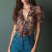 tanie Boho topy-Damskie Koszula Koszula Boho Bluzka Koszula z falbanką Falbana Kwiaty Elegancki Klasyczny Nowoczesny Krótki rękaw W serek Zwykłe topy Codzienny Święto Wyjściowe Rumiany róż Lato Wiosna