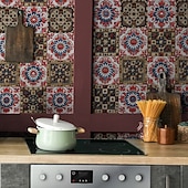 cheap Tile stickers-24PCS Peel and Stick Tile Stickers, Moroccan Pattern PVC Wall Decals, Self-Adhesive Removable Wallpaper for Renters, for Bedroom Bathroom Cabinet, Easy Installation