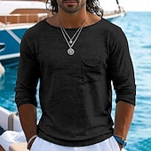 voordelige Katoenen Linnen T-shirts-Voor heren Linnen T-shirt Lange mouw Boothals Zomer Lente Alle seizoenen Effen Kleur Vintage Bohémien Casual Puur Casual Vakantie Straat blauw Zwart Wit Top T-shirt voor mannen