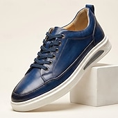 preiswerte Premium Leder Sneaker-Men's Blue Genuine Leather Casual Sneakers Lace-Up Lightweight Comfort Walking Shoes for Daily Wear, Travel, Commuting, Weekend Outings and Smart Casual Style