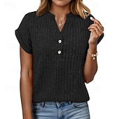 economico T-shirt semplice-Per donna Maglietta Bottoni Tinta unica Moda Classico Casual Manica Corta Scollo a V Top Regolari Quotidiano Uscire Weekend Blu Nero Verde militare Grigio Estate Primavera