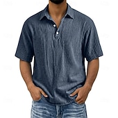 abordables Clásico-Men's Shirt Popover Shirt Summer Shirt Beach Wear Cotton Linen Shirt Button Up Shirt Solid Color Casual Vacation Blue Black Navy Blue Purple Short Sleeve Shirt Collar Summer Spring Clothing Apparel