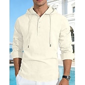tanie Casualowa koszulka Henley-Męskie Koszula bawełniano-lniana Podkoszulek Koszula Henley Koszulka z długim rękawem Długi rękaw Kaptur Wiosna Jesień Równina Moda Moda miejska Codzienny Ściągana na sznurek Guziki Codzienny Urlop