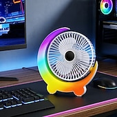 cheap Настольные вентиляторы-Moon Shaped Desk Fan with Rainbow RGB LED Light, 3-Speed Quiet Personal USB Table Fan for Office Bedroom Nightstand, Rechargeable Battery Operated Small Fan for Kids Dorm, Colorful Cooling Gift