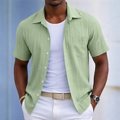 voordelige Men's Button Up Shirts-Men's Shirt Casual Shirt Beach Shirt Button Up Shirt Jacquard Shirt Black White Light Green Wine Blue Short Sleeve Solid Color Plain Lines / Waves Lapel Casual Streetwear Pocket Clothing Apparel
