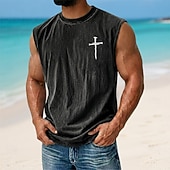 abordables T-shirts tropicaux de vacances-Hombre Cruz Top Camiseta desteñida con ácido Camisetas Interiores Sin Mangas Camiseta Impresión gráfica Cuello Barco Camisa Vacaciones Tropical Moda Diario Vacaciones Playas Negro Marrón Verde Trébol