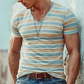 cheap Men's 3D T-shirts-Men's Light Blue Orange Horizontal Stripes Heathered Retro Vintage V Neck T Shirt Tee All Over Print Slim Muscle Fit Summer Beach Casual Daily Wear Designer Clothing Apparel S M L XL XXL XXXL