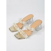cheap Heeled Sandals-Women's Elegant Silver Slides with Faux Pearl Embellishments - Chic Clear Sandals for Evening Resort Wear, Beach Weddings &amp; Summer Galas