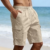 cheap Holiday-Men's Cotton Linen Shorts Shorts Summer Shorts Beach Shorts Drawstring Pocket Elastic Waist Plain Comfort Breathable Knee Length Outdoor Beach Vacation Vacation Fashion Black White Inelastic