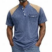 cheap Casual Henley Tee-Men's Henley Shirt 100% Cotton Acid Wash Shirt Short Sleeve Plain Solid Vintage Retro Vintage Casual Zipper Vintage Style Garment Dyed Henley Casual Spring &amp; Summer Summer Spring Black Pink Light