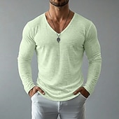 cheap Cotton Linen T-shirts-Men's Tee Top Linen T-Shirt Long Sleeve V Neck Spring &amp; Summer Summer Spring Solid Color Daily Casual Street Style Plain Casual Outdoor Street Blue Lake blue Black Top Tee for Men