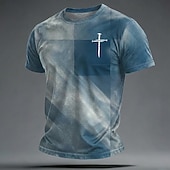  Camiseta cristiana para hombre con cruz, estampado gráfico azul mármol dorado, cuello redondo, manga corta, regalo espiritual cristiano para él, ropa de diseñador.