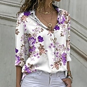 voordelige Bloemen Blouses-Dames Overhemd Blouse Lapwerk Knop Bloemig Stijlvol Klassiek Modern Lange mouw Overhemdkraag Normale tops Dagelijks Feestdagen Uitgaan blauw Paars Groen Zomer Lente