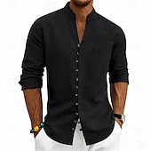 baratos Clássico-Homens Camisa Social Camisa de linho camisa de verão camisa de praia Tecido Casual Férias Preto Branco Rosa Azul Marinha Manga Longa Faixa Verão Primavera Roupa Bolsos
