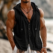 رخيصةأون أجازة-رجالي قميص قميص كتان قميص صيفي ملابس الشاطئ زر حتى القميص قميص مقنع لون الصلبة عطلة شارع أزرق أسود أبيض أخضر بدون كم مع قبعة الصيف الربيع ملابس