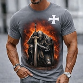  Ανδρικό γονατιστό ιππότη ναό σταυρό μεσαιωνικό πολεμιστή φωτιά σκοτεινή φαντασία γοτθικό streetwear μπλουζάκι με γραφικό στρογγυλό ντεκολτέ κοντομάνικο δώρο γενεθλίων για άνδρες λάτρεις της ιστορίας