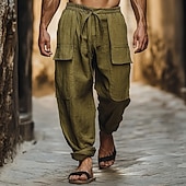 baratos Retrô-Homens Calças de linho de algodão Calças Calça verão Calças de praia Com Cordão Cintura elástica Côr Sólida Conforto Confortável Diário Ao ar livre Streetwear Férias Moda Verde Sem Elasticidade
