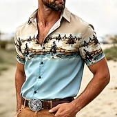economico camicie western da uomo-Men's Cowboy Riding Horse Shirt Western Shirt Cowboy Shirt Short Sleeve Vintage Retro Outdoor Vacation WorkWear Summer Spring Turndown 3D Print Linen Like Shirt Button Up Shirts Blue