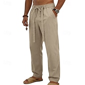 cheap Holiday-Men's Linen Pants Trousers Summer Pants Baggy Pants Drawstring Elastic Waist Straight Leg Plain Comfort Breathable Full Length Daily Outdoor Holiday Fashion Classic Style Blue White Micro-elastic